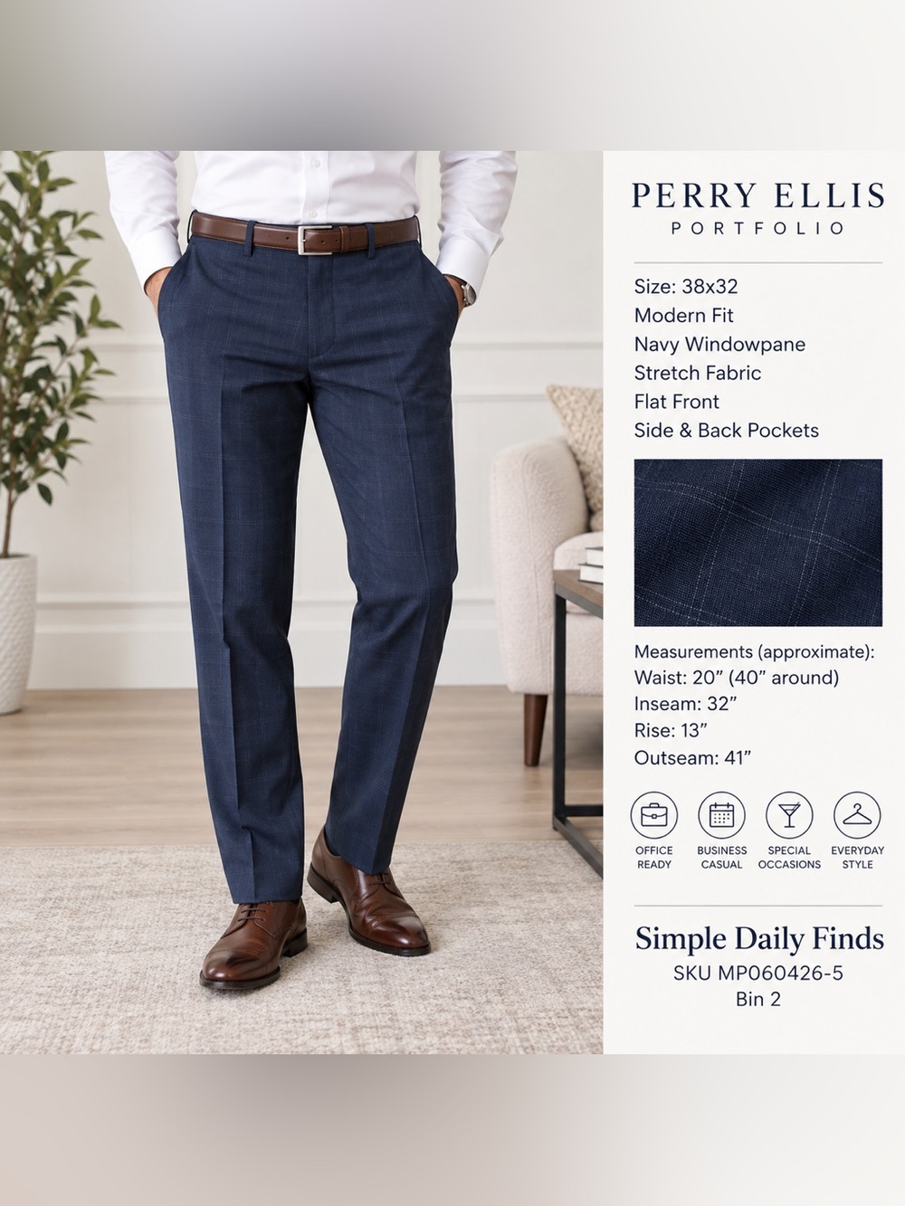 Perry Ellis Portfolio Men 38x32 Navy Windowpane Modern Fit Stretch Dress Pants